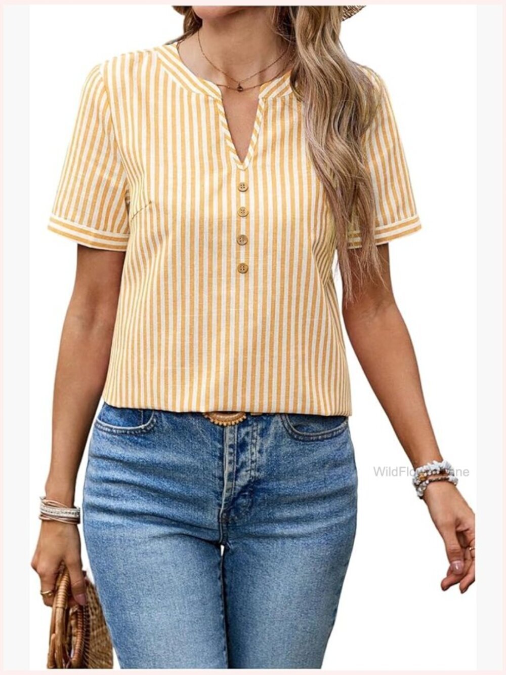 Striped V Neck Short Sleeve Blouse Top Women's Dressy Casual Summer